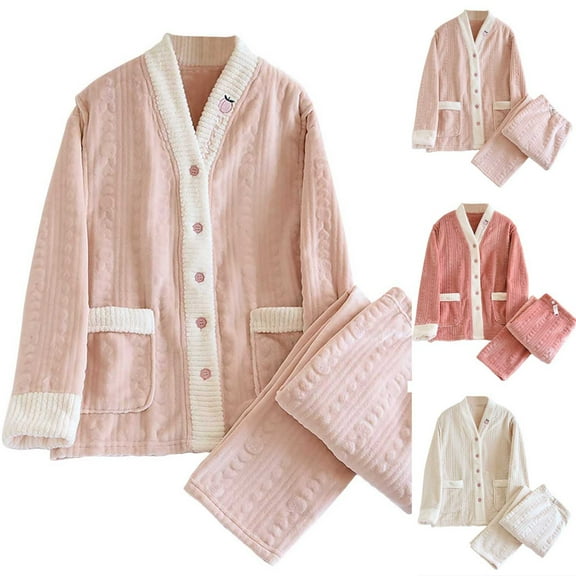 Ashirexll Womens Winter Sets, Fuzzy Pajamas for Women, Cozy Solid Color Thick Flannel Warm Casual Home Clothes Pajama Set