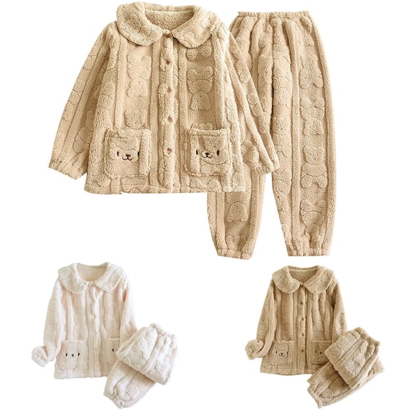Ashirexll Womens Winter Sets, Fuzzy Pajamas for Women, Cute Thickened Lapel Loose Long Sleeve Pocket Top with Elastic Waist Pants Home Set