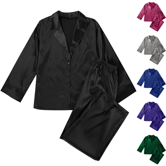 Ashirexll Womens Winter Sets, Fuzzy Pajamas for Women, Home Casual Blouse and Trousers Imitation Silk Shirt Thin Pants Two Piece Pajama Set