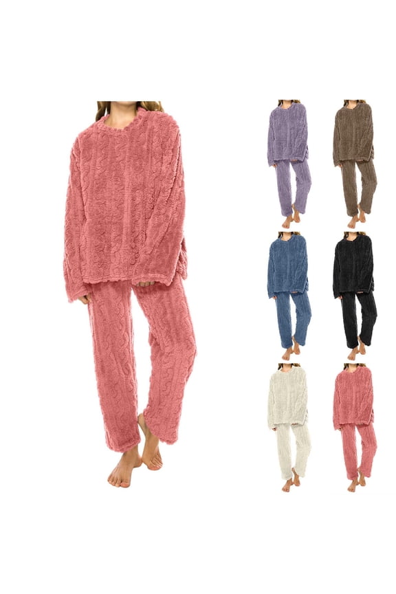 Womens Winter Sets, Fuzzy Pajamas for Women, Winter Zipper Velvet Half Cardigan Casual Long Top and Pants Pajama Set