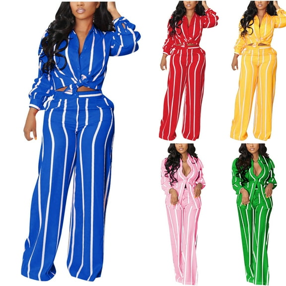 Ashirexll Womens Winter Sets, Outfits for Women, Fall and Winter Casual Stripe Long Sleeve Lapel Button Top and Pocket Pants Two Piece Set