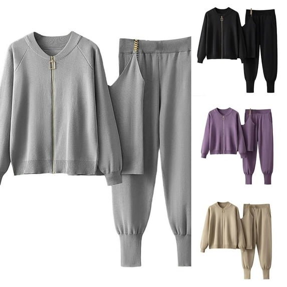 Ashirexll Womens Winter Sets, Outfits for Women, Shawl Coat Round Neck Knitting Sweater and Wide Leg Comfortable Trousers Three Piece Outfit