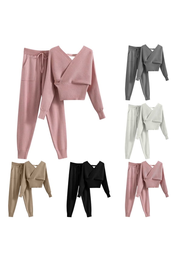 Womens Winter Sets, Womens 2 Piece Outfits, Casual Loose Solid Color Pocket Pants and Long Sleeve Round Neck Blouse Comfortable Set