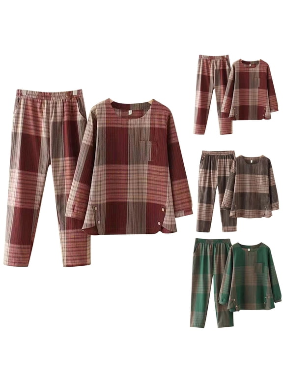Womens Winter Sets, Womens 2 Piece Outfits, Collar Solid Long Sleeve Round Neck Checkered Printed Patchwork Pocket Top and Pants Set