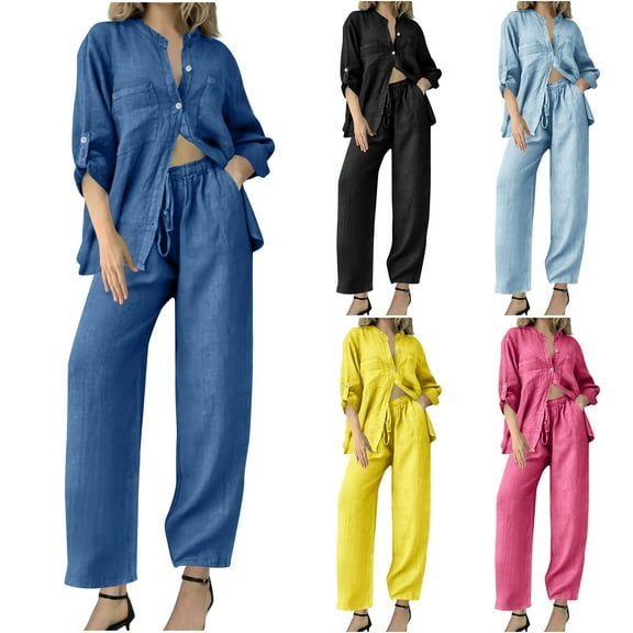 Ashirexll Womens Winter Sets, Womens 2 Piece Outfits, Fall Solid Color Loose Long Sleeve Shirt and Wide Leg Pants Two Piece Neck Set