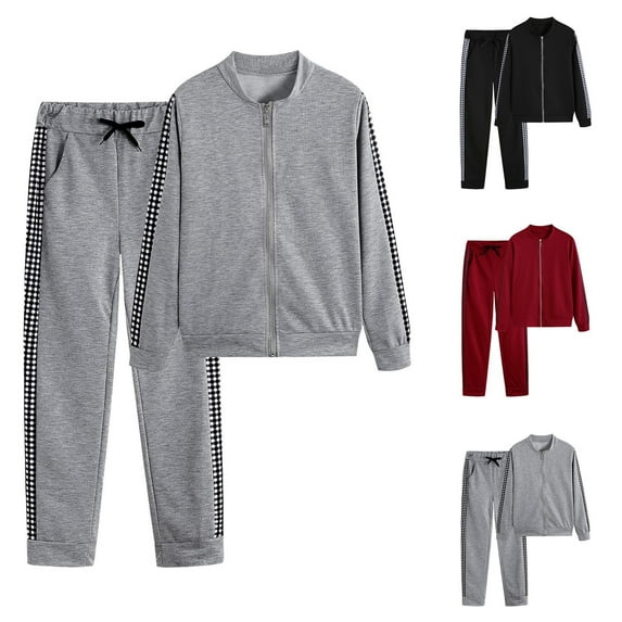 Ashirexll Womens Winter Sets, Womens 2 Piece Outfits, Long Sleeve Fashion Sports Casual Zipper Solid Color Panel Checker Two Piece Set for Fall