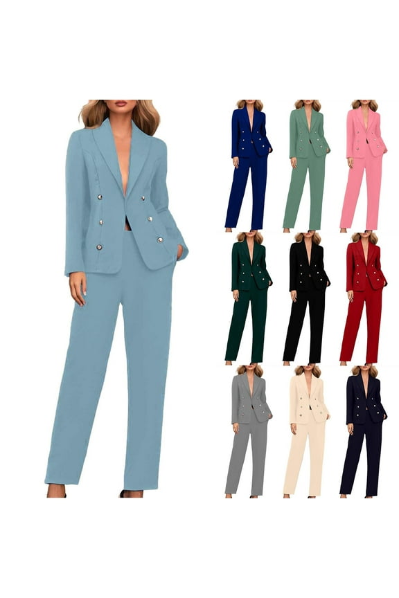 Womens Winter Sets, Womens 2 Piece Outfits, Solid Color 2 Piece Lapel Double Breasted Business Long Sleeve Jacket and Zipper Pants Set