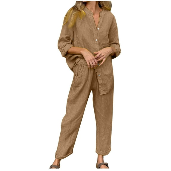 Ashirexll Womens Winter Sets, Womens 2 Piece Outfits, Solid Color Round Neck Short Sleeve Top and Pants Set with Pockets for Casual Wear