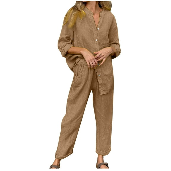 Ashirexll Womens Winter Sets, Womens 2 Piece Outfits, Solid Color Round Neck Short Sleeve Top and Pants Set with Pockets for Casual Wear