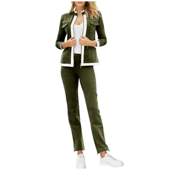 Ashirexll Womens Winter Sets, Womens 2 Piece Outfits, Zipper Pocket Long Sleeve Top and Elastic Waist Long Pants Casual Two Piece Set