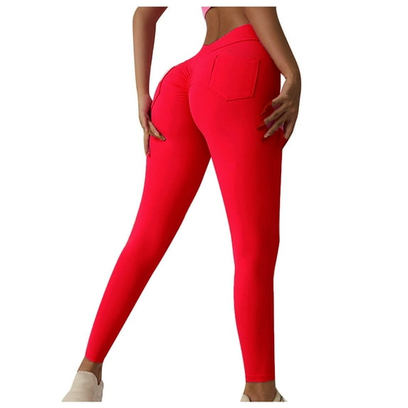 Ashirexll Workout Leggings for Women, Yoga Leggings, Fashion Casual Women Solid Color Gradient Span Ladies High Waist Yoga Pants Long Pants Red L