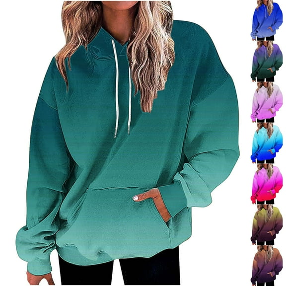 Ashirexll Zip Up Hoodie Womens Hoodies Pullover Winter Tops Womens Long Sleeve Tops Casual Gradient Print Hooded Sweatshirt Long Sleeve Pocket Fall Winter Top