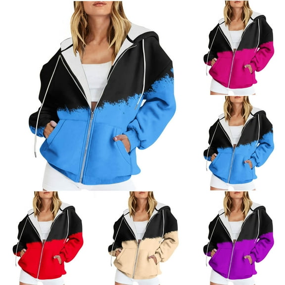 Ashirexll Zip Up Hoodie Women, Winter Tops for Women, Casual Printed Zippered Long Sleeve Hooded Jacket
