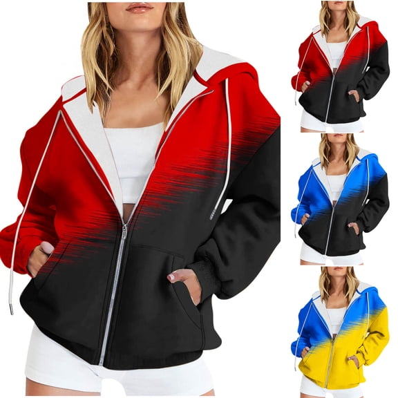 Ashirexll Zip Up Hoodie Women, Winter Tops for Women, Casual Printed Zippered Long Sleeve Hooded Jacket