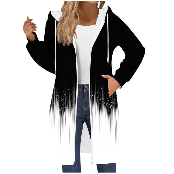 Ashirexll Zip Up Hoodie Womens Long Sleeve Tops Casual Loose Printed Hooded Sweatshirt with Double Zipper Pocket Fashion