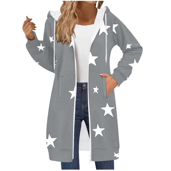 Ashirexll Zip Up Hoodie Womens Long Sleeve Tops Casual Loose Stars Hooded Sweatshirt with Double Zipper Pocket Fashion