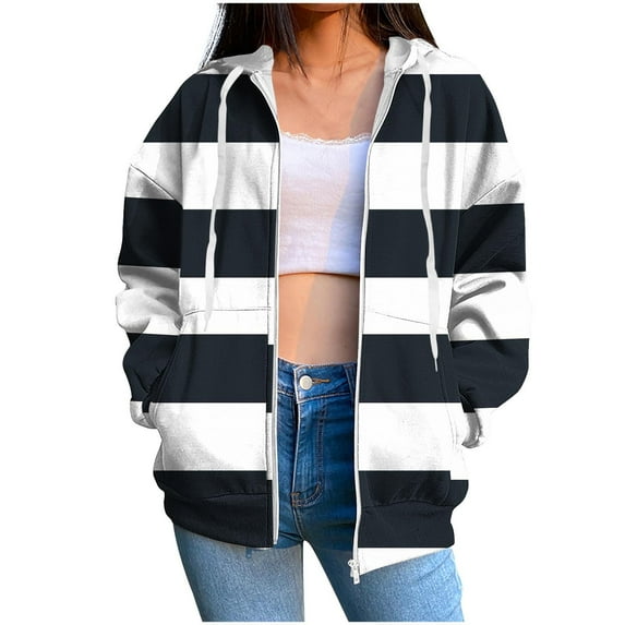 Ashirexll Zip up Hoodie Women, Hoodies for Women, Ladies Fashion Striped Pockets Zipper Long Sleeve Hooded Sweatshirts Coat Outwear