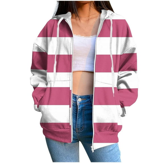 Ashirexll Zip up Hoodie Women, Hoodies for Women, Ladies Fashion Striped Pockets Zipper Long Sleeve Hooded Sweatshirts Coat Outwear