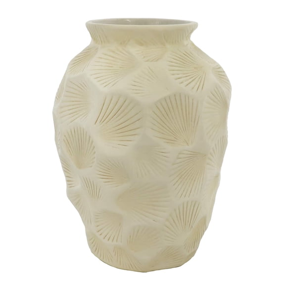 Ashland 10" Beige Seashell Embossed Ceramic Vase , Summer Home Decor