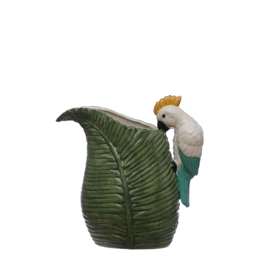 Ashland 43.95oz. Green Tropical Ceramic Leaf Pitcher with Cockatoo Handle , Summer Home Decor