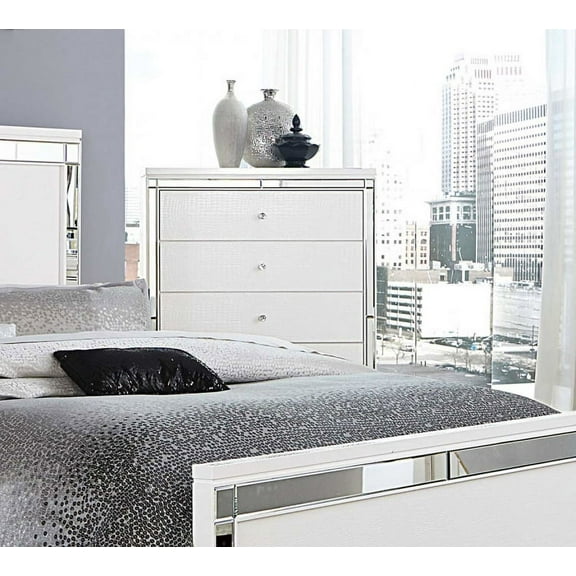 Ashland 5 Drawer Chest in Modern White Embossed Alligator & Mirror