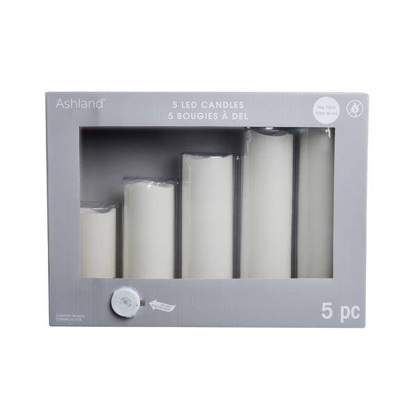 Ashland LED Wax Pillar Candle Set - 5-Piece Assorted Heights with Authentic Wax Finish - White - 6 Sets (30 Candles Total)