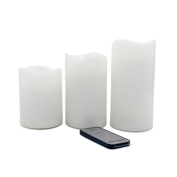 Ashland LED Wax Pillar Candle Set, Glowing Flame with 6-Hour Timer and Remote, White, 3-Piece Set, 6 Pack (18 Total Candles)