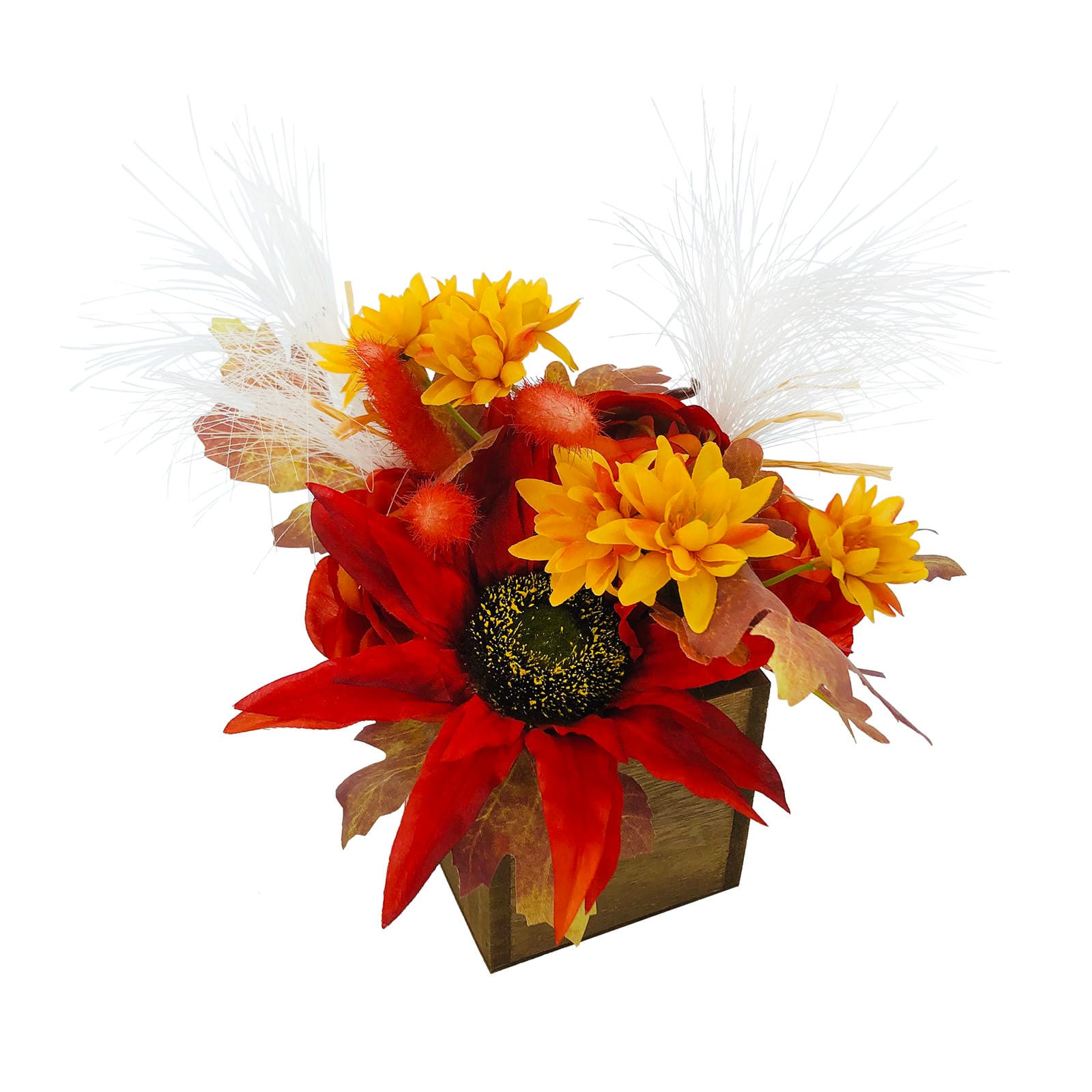 Ashland Red & Yellow Premade Floral in Wood Box Tabletop Accent, Fall