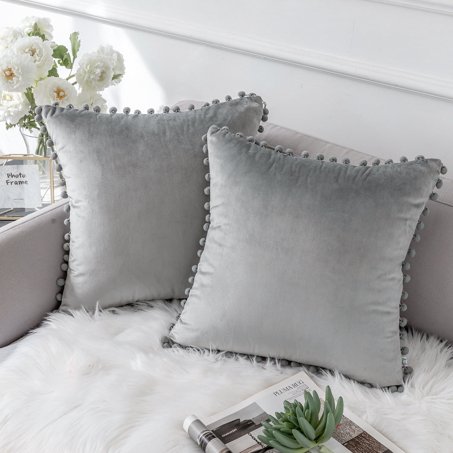 Ashler Decorative Soft Velvet Throw Pillow Cushion Covers with Pom Poms Particles Solid for Couch Bedroom Car, Grey, 22 X 22 ,Packs of 2