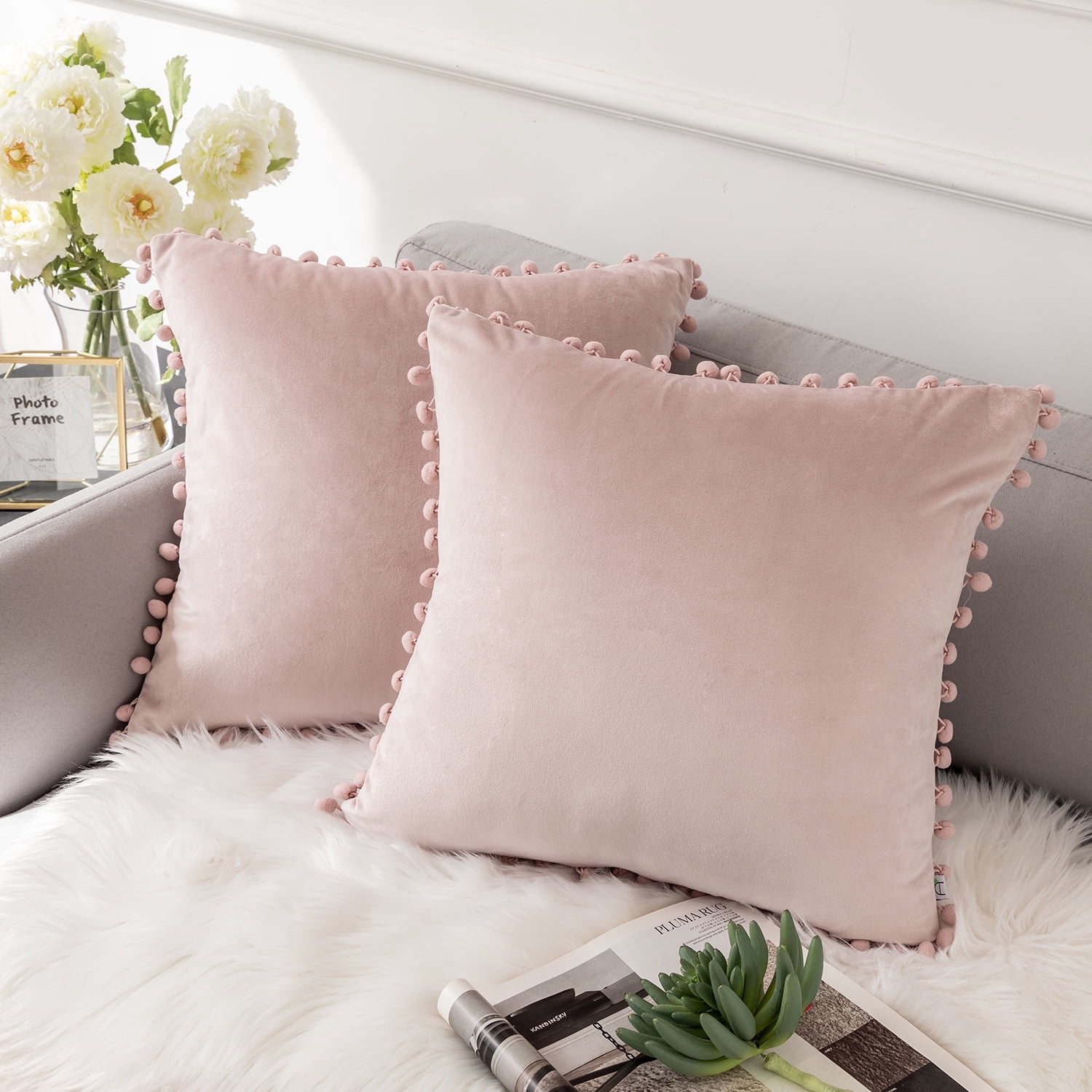Ashler Decorative Soft Velvet Throw Pillow Cushion Covers with Pom Poms Particles Solid for Couch Bedroom Car, Light Pink, 18 X 18 ,Packs of 2