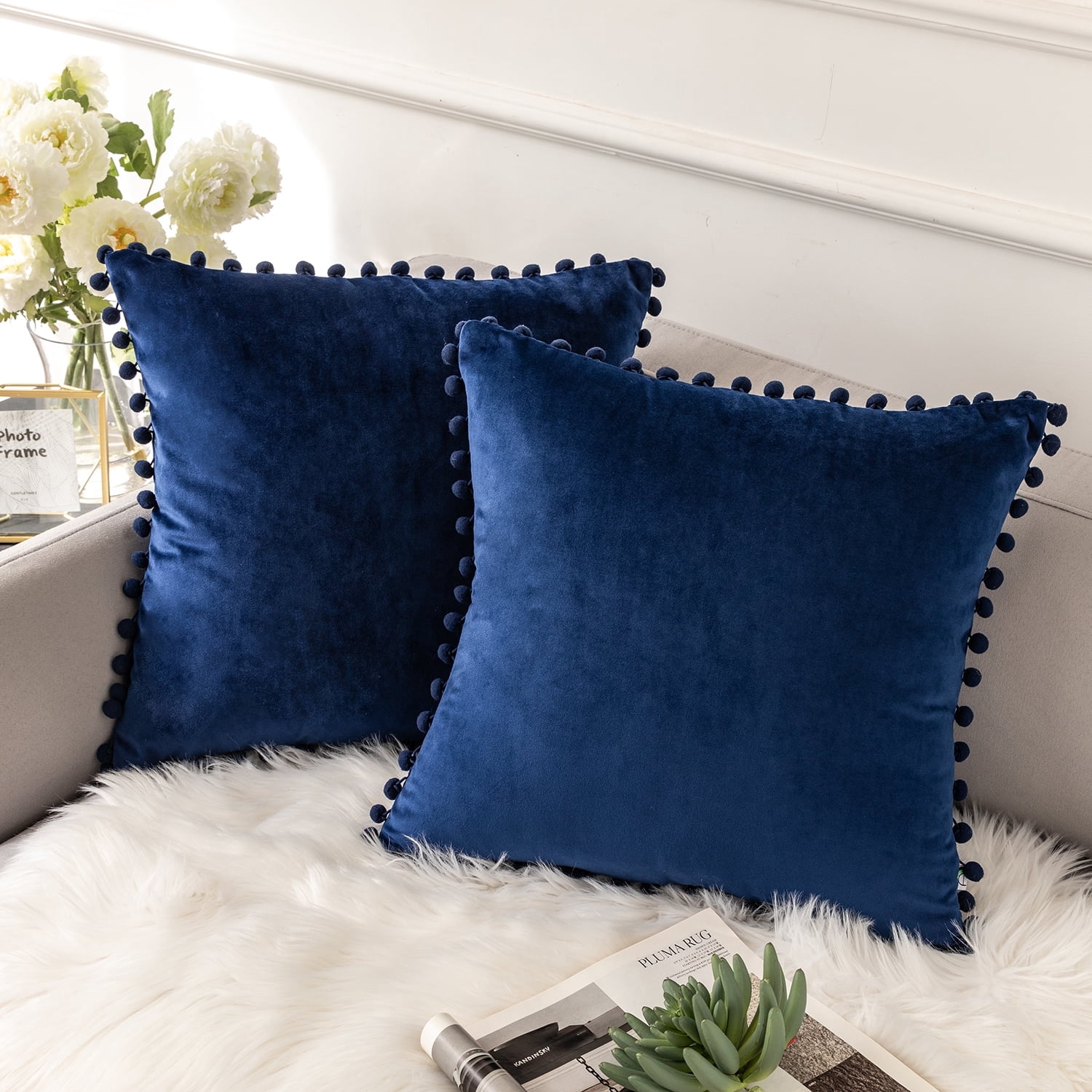 Ashler Decorative Soft Velvet Throw Pillow Cushion Covers with Pom Poms Particles Solid for Couch Bedroom Car, Navy Blue, 22 X 22 ,Packs of 2