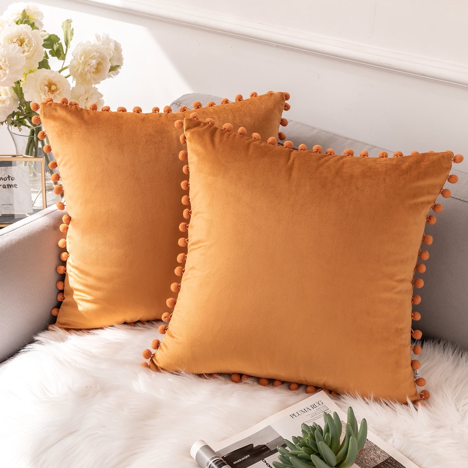 Ashler Decorative Soft Velvet Throw Pillow Cushion Covers with Pom Poms Particles Solid for Couch Bedroom Car, Orange, 18 X 18 ,Packs of 2