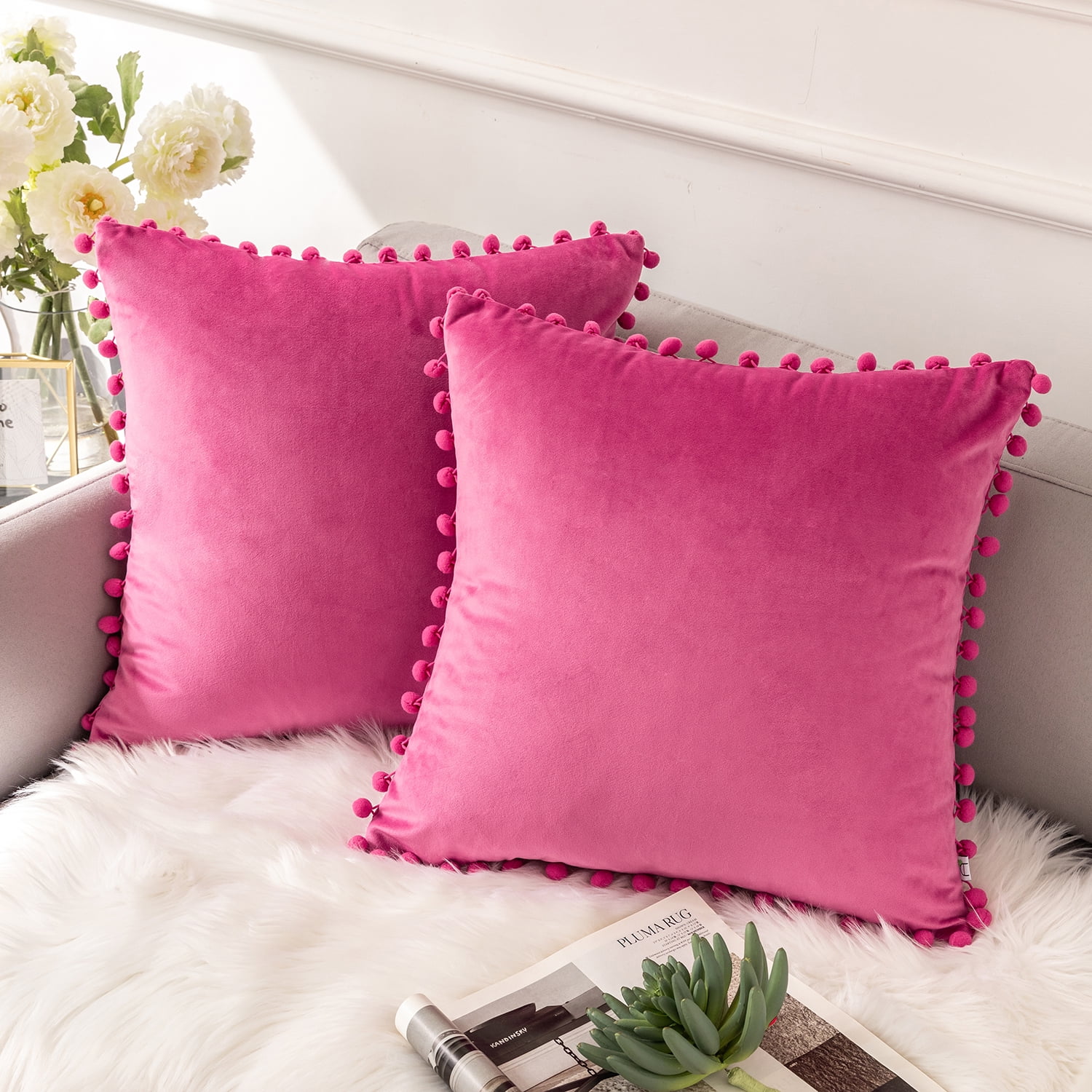 Pink Velvet Square Throw Pillow Covers with Pom Poms, 18 x 18, Set of 2