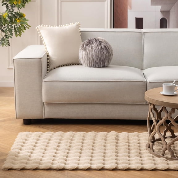 Ashler Faux Rabbit Fur Rug - Beige 4x6 FT Fluffy Soft Area Carpet, Rectangle Fuzzy for Living Room, Bedroom, Machine Washable Shaggy Nursery - 3D Bubble