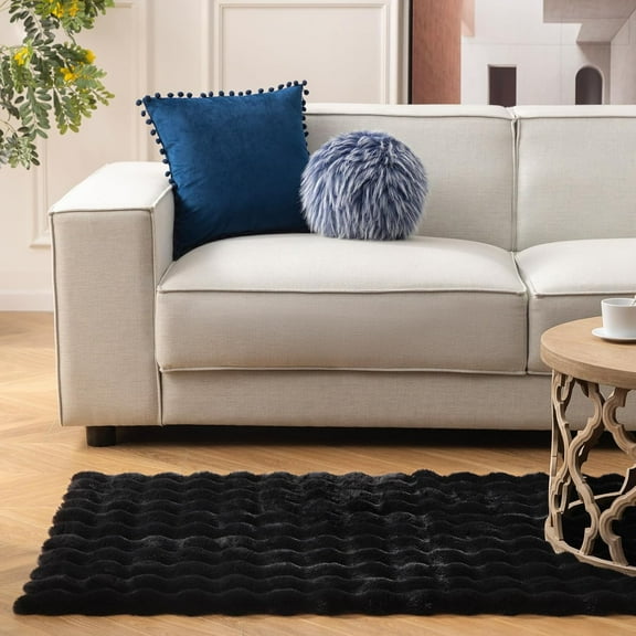 Ashler Faux Rabbit Fur Rug - Black 4'x6' Fluffy Soft Area Rug, Machine Washable 3D Bubble Rectangular Carpet for Living Room, Bedroom & Nursery