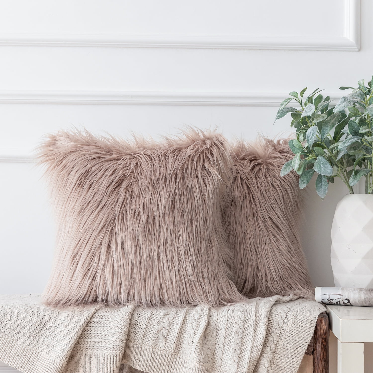 Ashler Luxury Style Decorative Faux Fur Throw Pillow Case Cushion Cover, Beige, 20 x 20 Inches/50 x 50 cm, 2 Pack