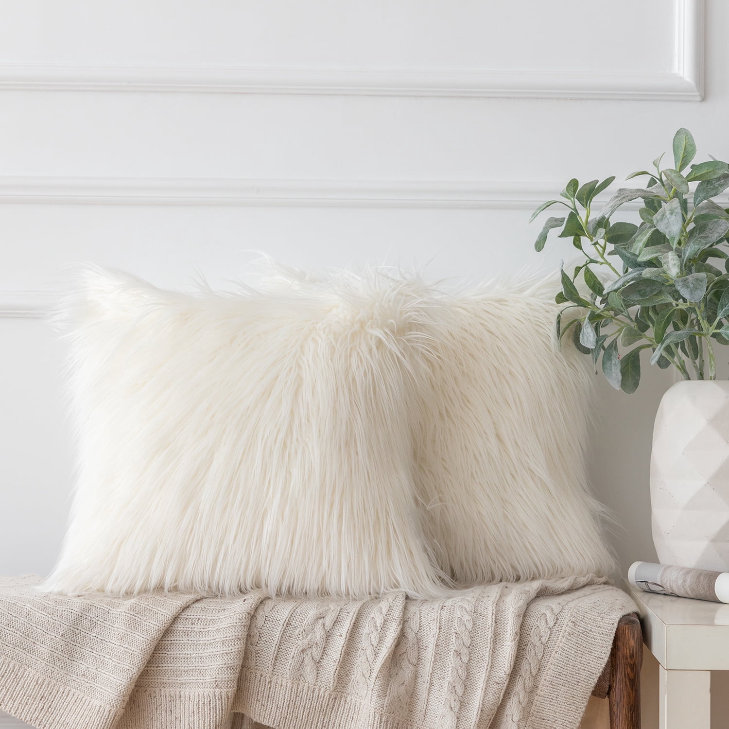 Ashler Luxury Style Decorative Faux Fur Throw Pillow Case Cushion Cover, Beige-White, 22 x 22 Inches/55 x 55 cm, 2 Pack