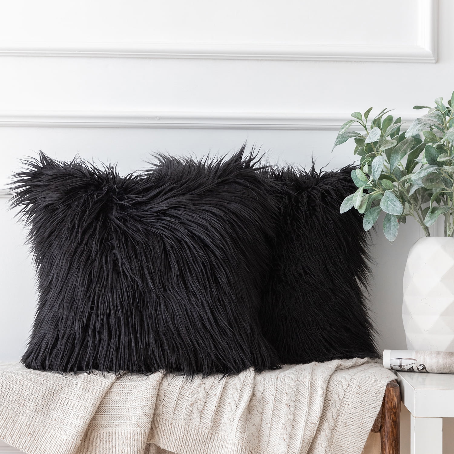 Ashler Luxury Style Decorative Faux Fur Throw Pillow Case Cushion Cover, Black, 18 x 18 Inches/45 x 45 cm, 2 Pack