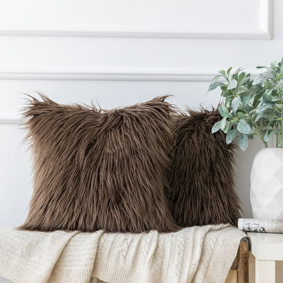 Ashler Luxury Style Decorative Faux Fur Throw Pillow Case Cushion Cover, Brown, 18 x 18 Inches/45 x 45 cm, 2 Pack