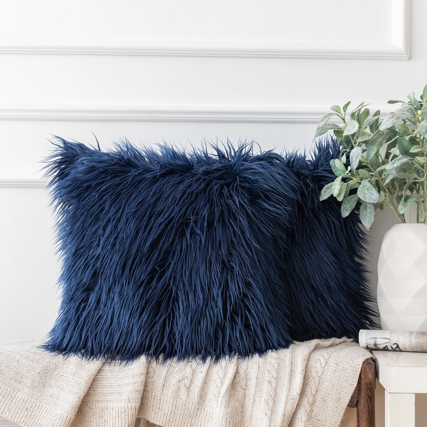 Ashler Luxury Style Decorative Faux Fur Throw Pillow Case Cushion Cover Navy Blue 18 x 18 Inches 45 x 45 cm 2 Pack