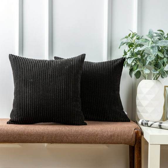Ashler Soft Corduroy Velvet Striped Solid Throw Pillow Cushion, Black, 22 x 22 inch, 2 Packs