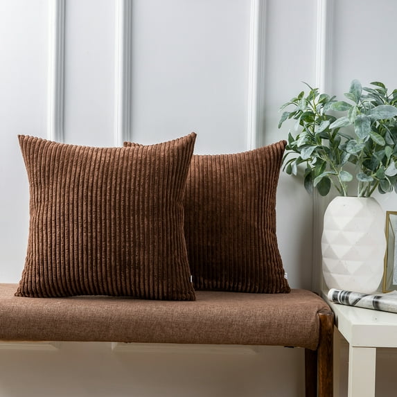 Ashler Soft Corduroy Velvet Striped Solid Throw Pillow Cushion, Brown, 20 x 20 inch, 2 Packs