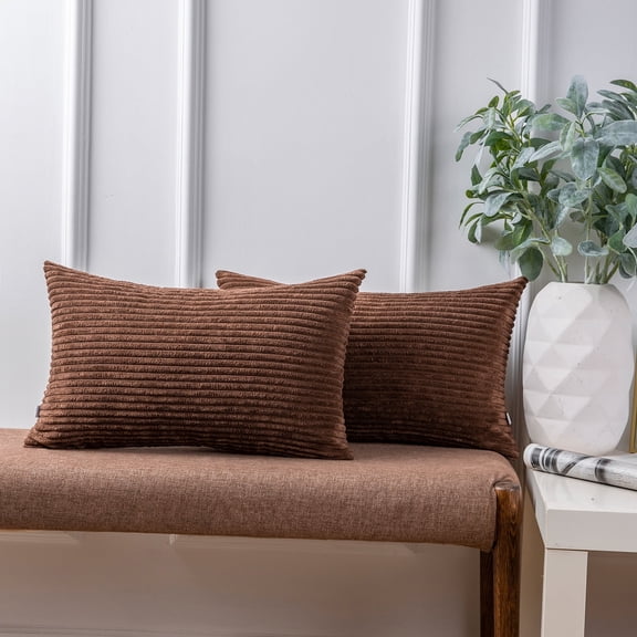 Ashler Soft Corduroy Velvet Striped Solid Throw Pillow Cushion Cover, Brown, 12 x 20 inch, 2 Packs