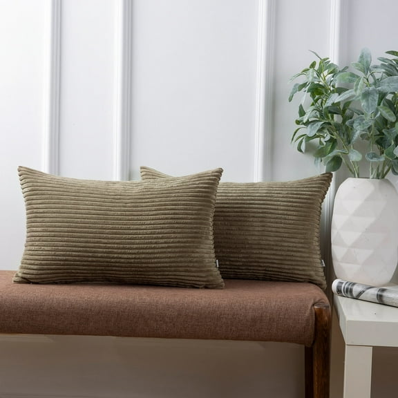 Ashler Soft Corduroy Velvet Striped Solid Throw Pillow Cushion Cover, Light brown, 12 x 20 inch, 2 Packs