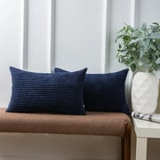 Ashler Soft Corduroy Velvet Striped Solid Throw Pillow Cushion Cover, Navy blue, 12 x 20 inch, 2 Packs