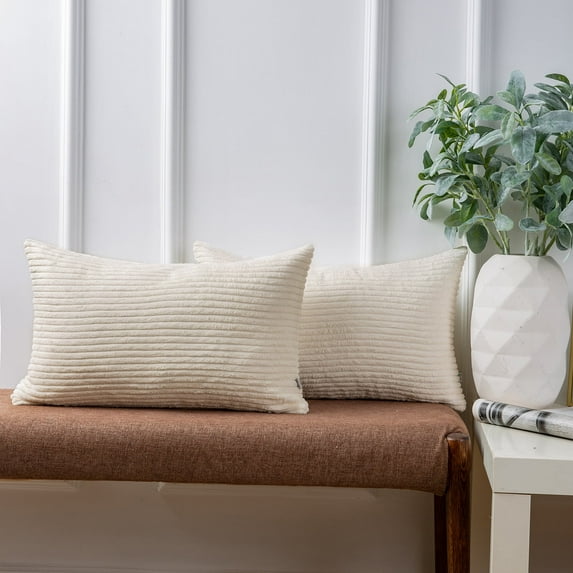 Ashler Soft Corduroy Velvet Striped Solid Throw Pillow Cushion Cover, Off White, 12 x 20 inch, 2 Packs