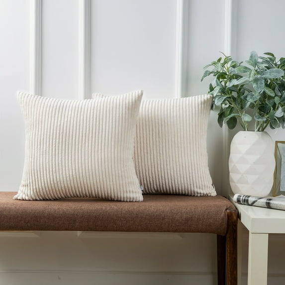 Ashler Soft Corduroy Velvet Striped Solid Throw Pillow Cushion Cover, Off White, 20 x 20 inch, 2 Packs