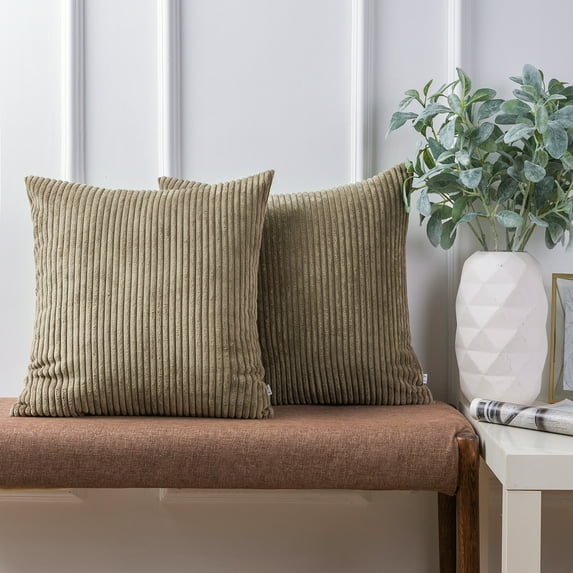 Ashler Soft Corduroy Velvet Striped Solid Throw Pillow Cushion, Light brown, 20 x 20 inch, 2 Packs