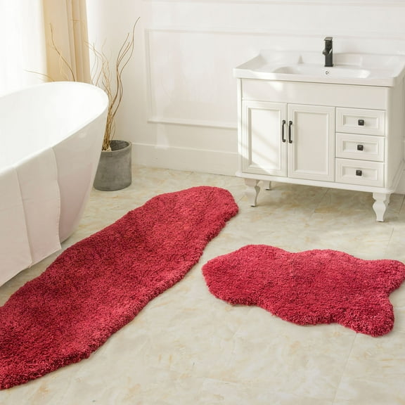 Ashler Ultra Soft Non Slip Bathroom Shower Area Rug Water Absorbing Plush Mat, 2 Sets Red 24 x 36 & 24 x 72 inches