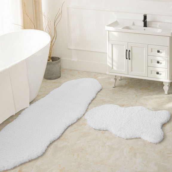 Ashler Ultra Soft Non Slip Bathroom Shower Area Rug Water Absorbing Plush Mat, 2 Sets White 24 x 36 & 24 x 72 inches